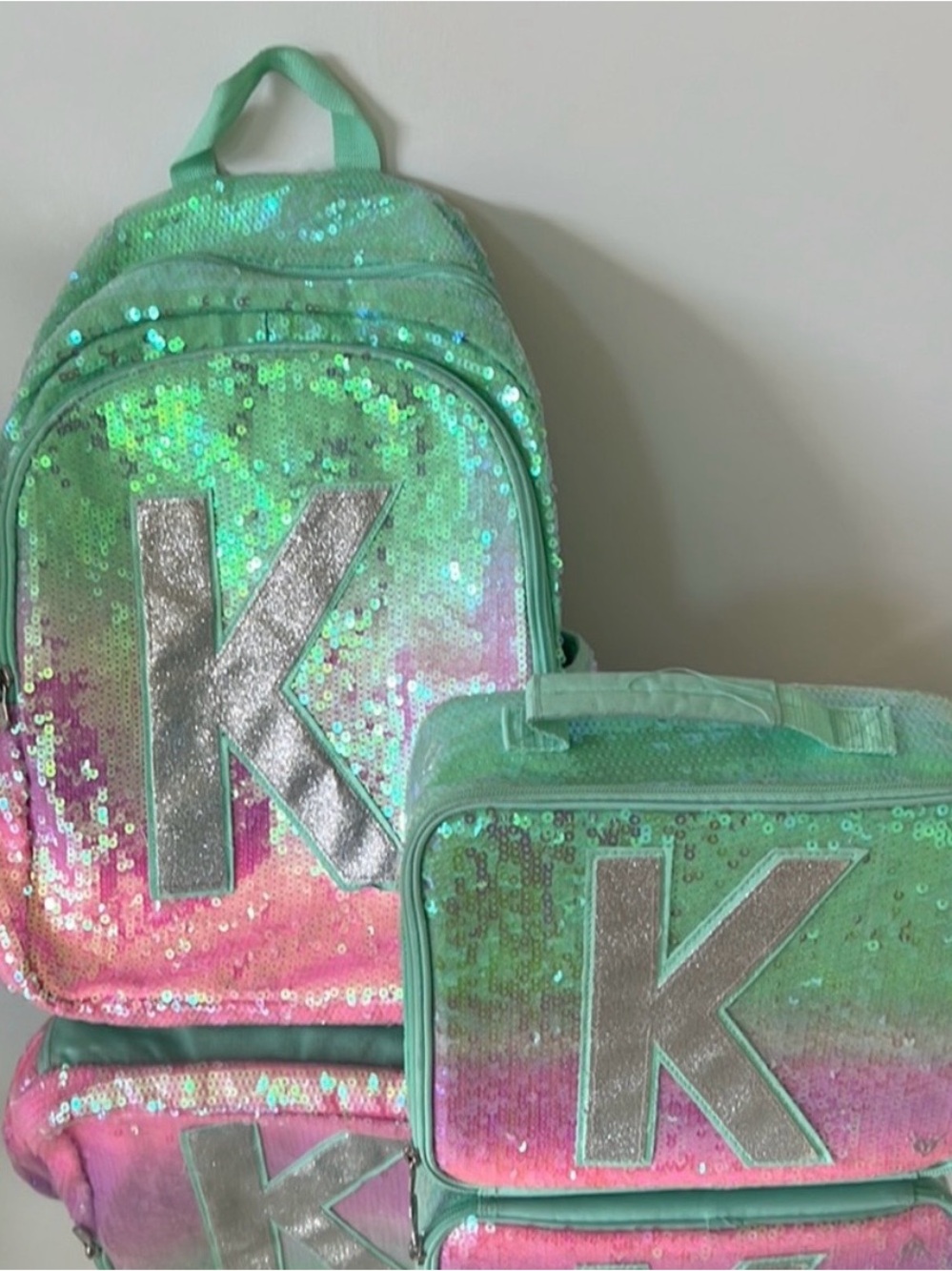 Justice Sequin Backpack and Lunch Bag Set - Mint Green Pink with Silver K